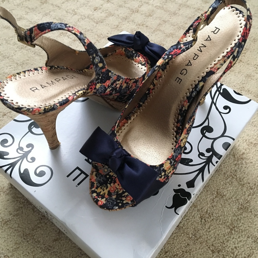 Floral Cork Platform Sandal Heels with Bow